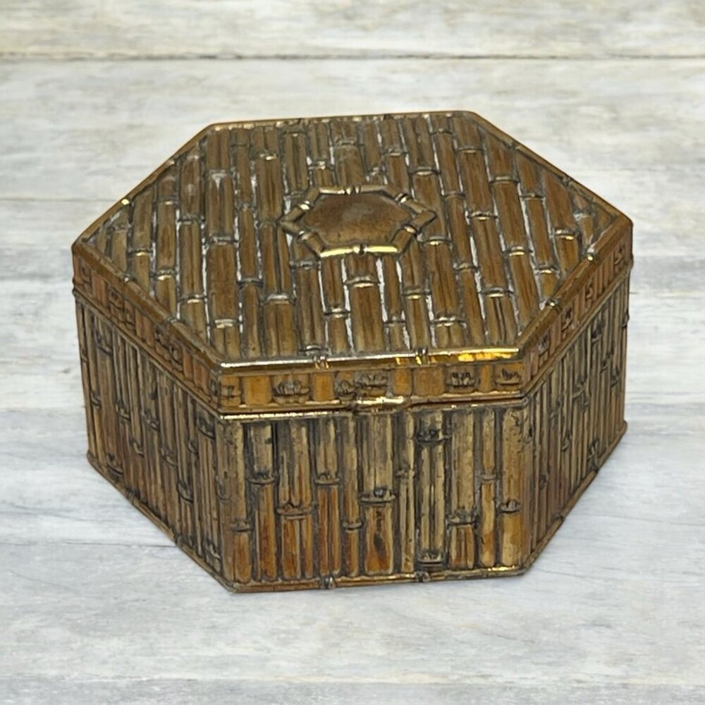 VTG Schmid Bros Japan Octagon Metal Trinket Box Red Velvet Lined Gold Tone